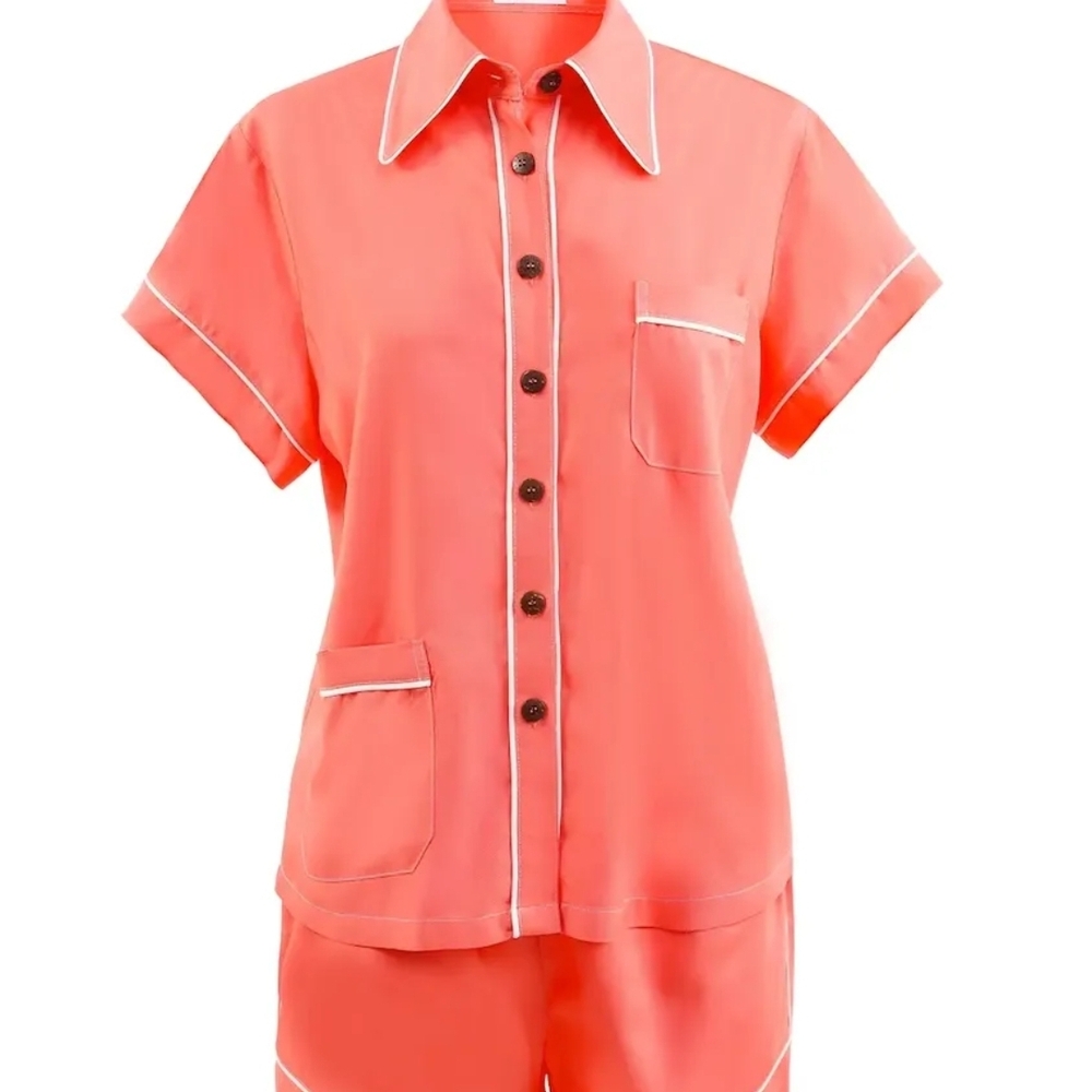 Nice And Cool, Bamboo Coral Button-Up Women's Pajama Set With Eye Mask
